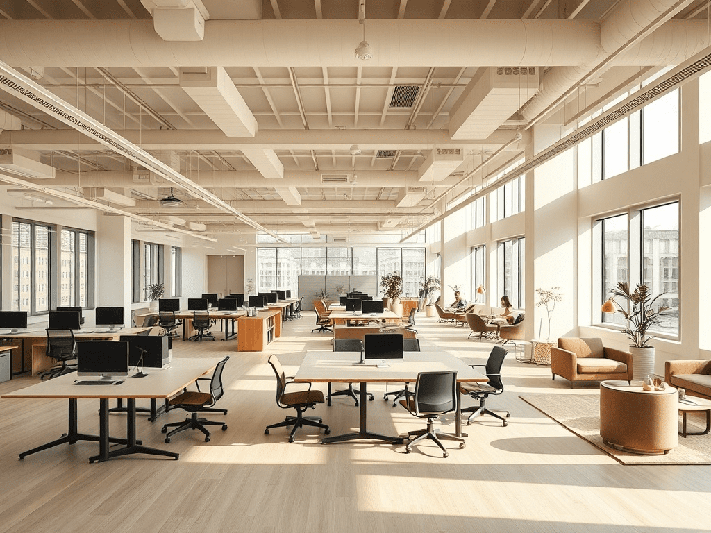 Modern open-plan office with Scandinavian design and varied workspaces