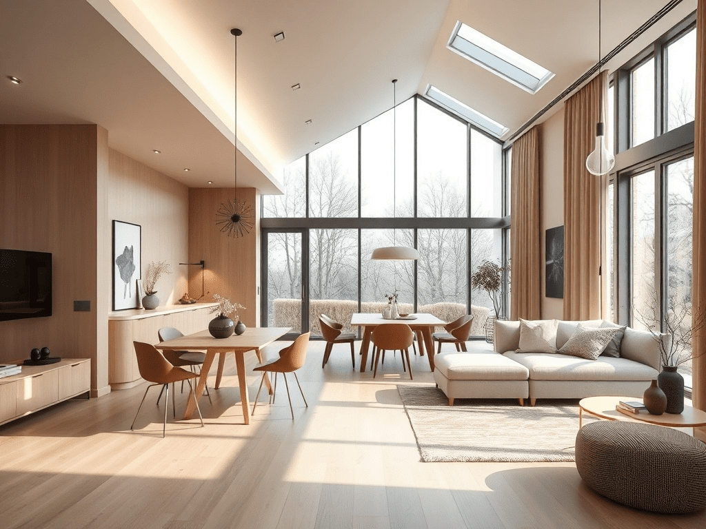 Open-plan living and dining area with smart lighting and climate control