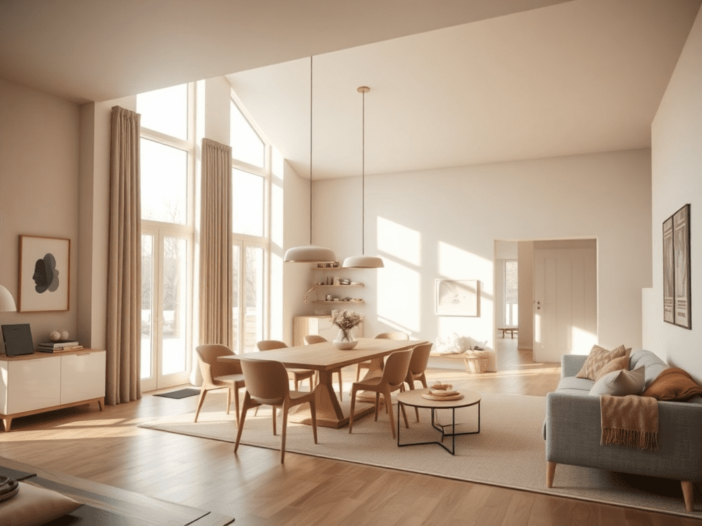 Scandinavian-style living and dining area with natural light