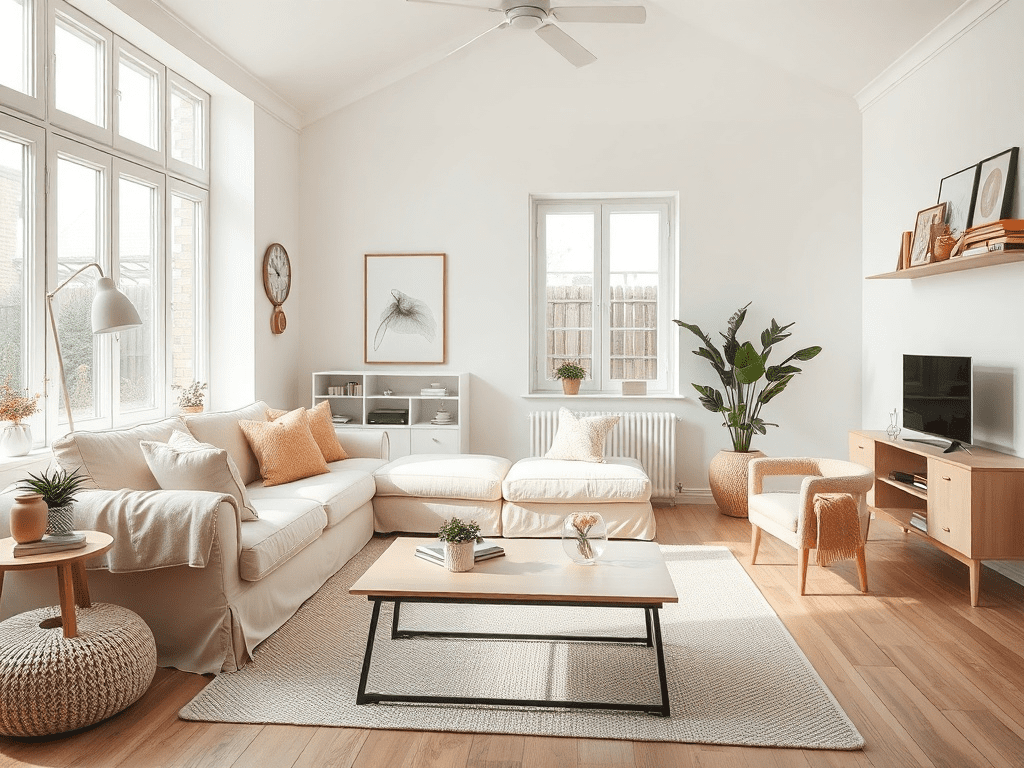 Scandinavian-style living room with pet-friendly furniture and decor
