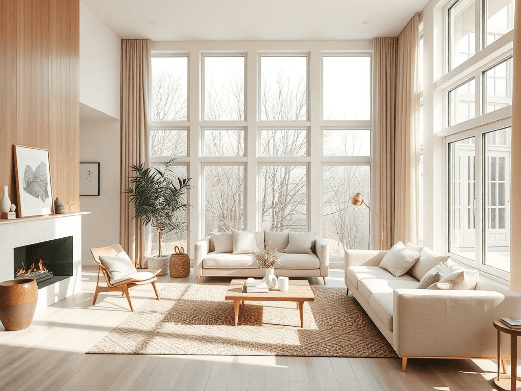 Scandinavian-style living room with warm beige tones and natural light