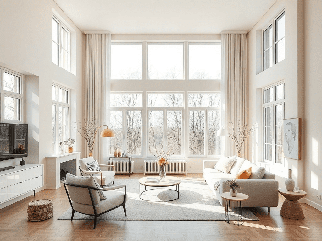 Scandinavian-style living room with warm neutral tones and natural light
