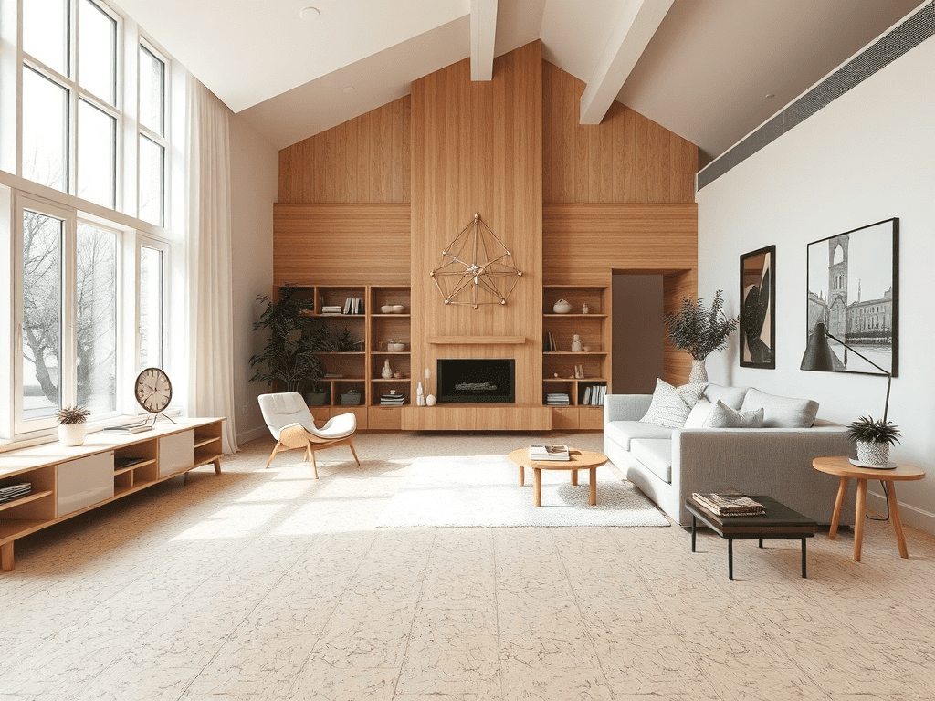 Scandinavian living room with light cork flooring and natural light