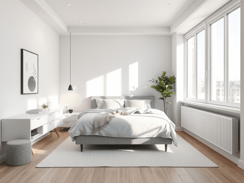 Small bedroom with minimalist design and white and gray color palette