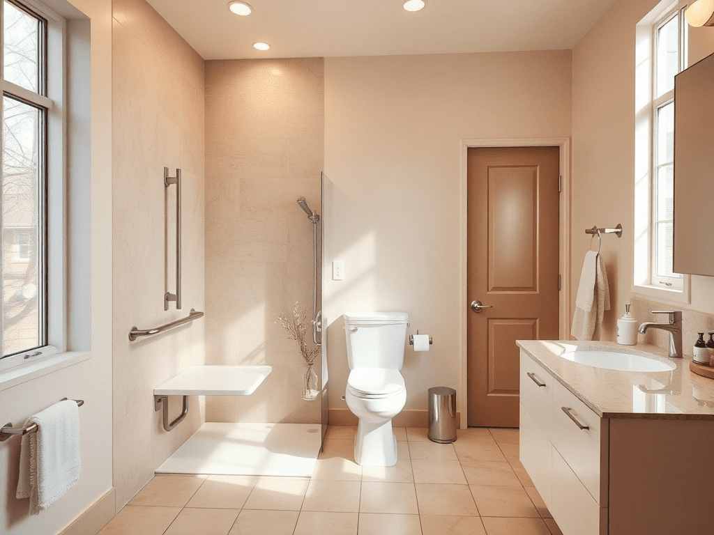 Spacious universal design bathroom with roll-in shower and adjustable sink