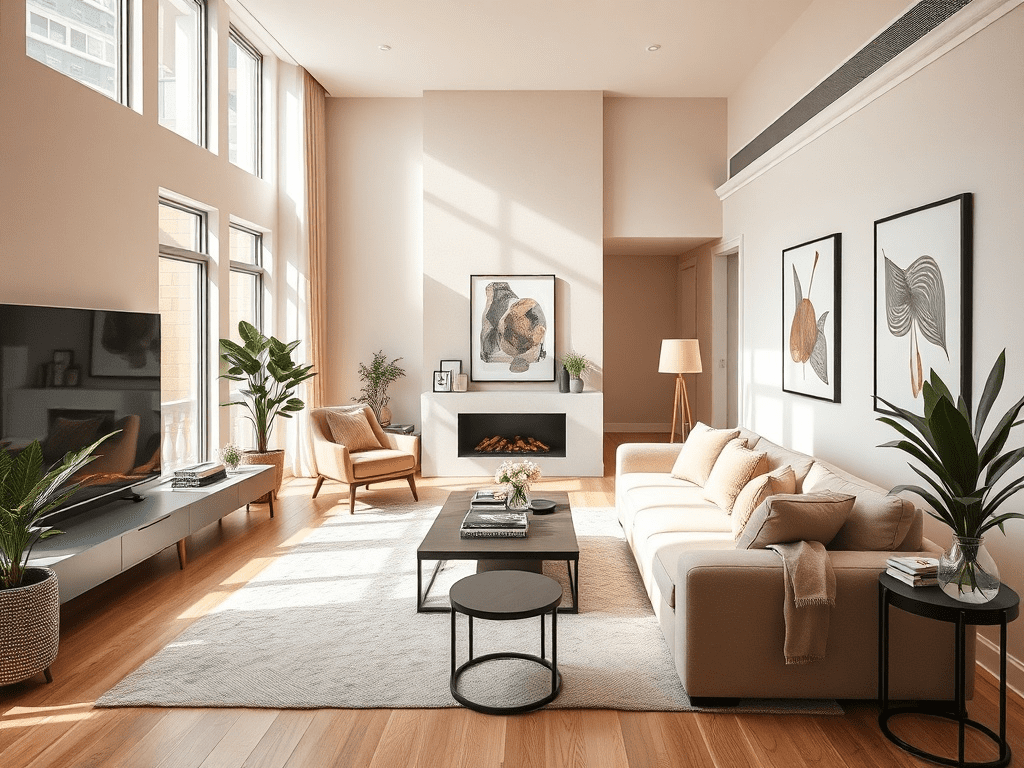 Stylish apartment living room with warm beige and cream color palette