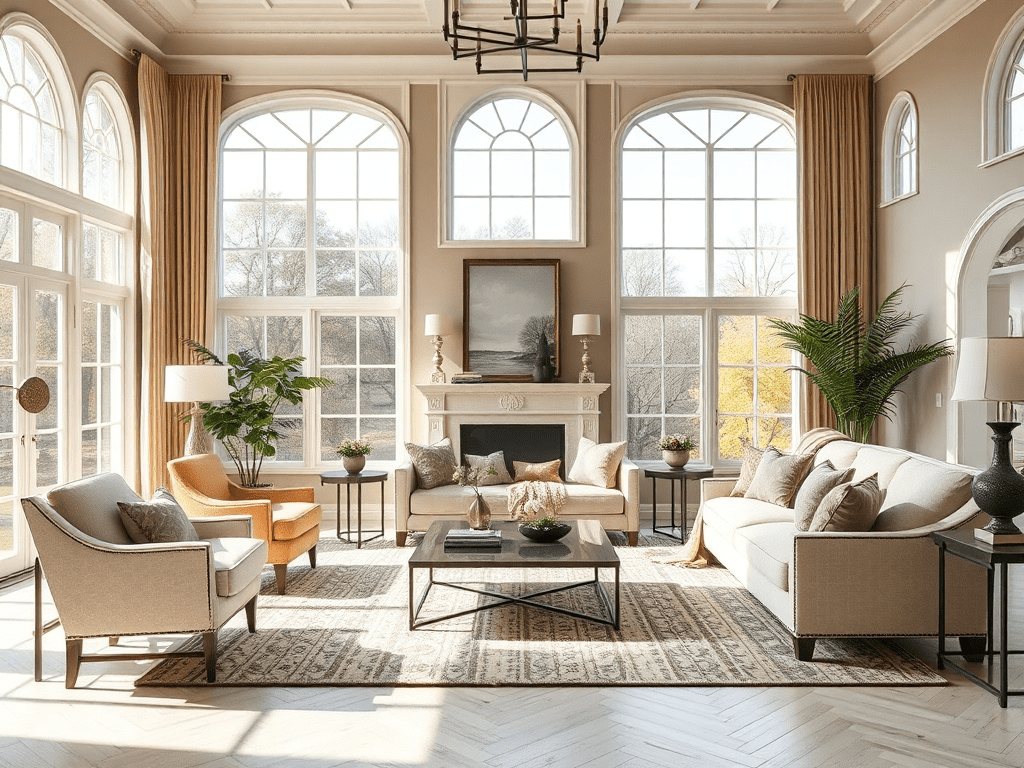 Victorian-inspired living room with beige and cream color palette