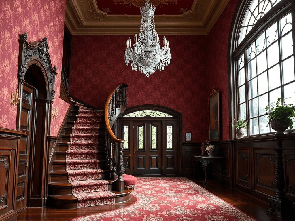 Victorian entryway with ornate staircase and crystal chandelier