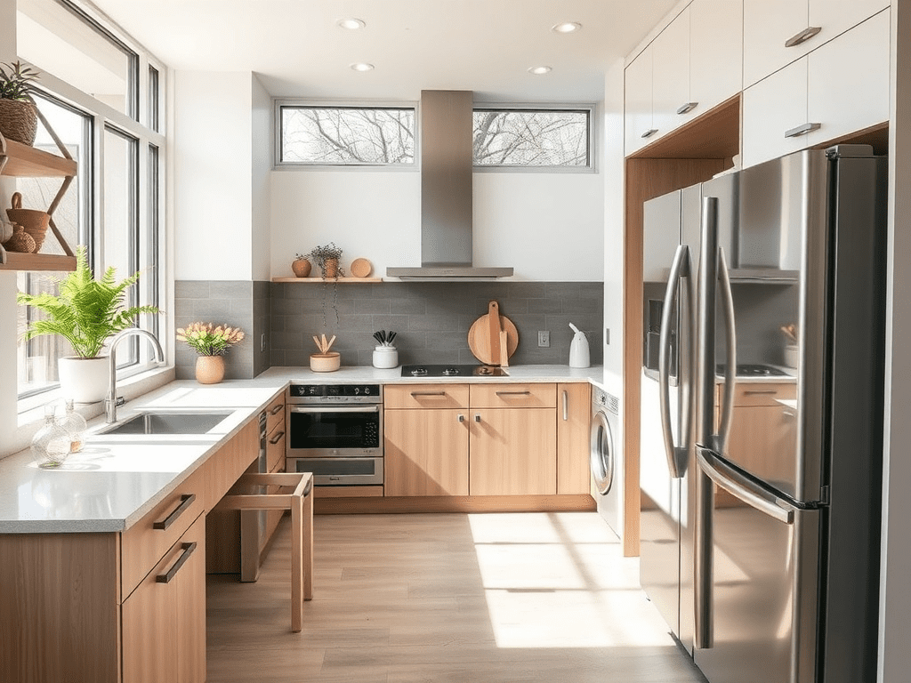 Accessible kitchen with adjustable countertops and pull-down shelves