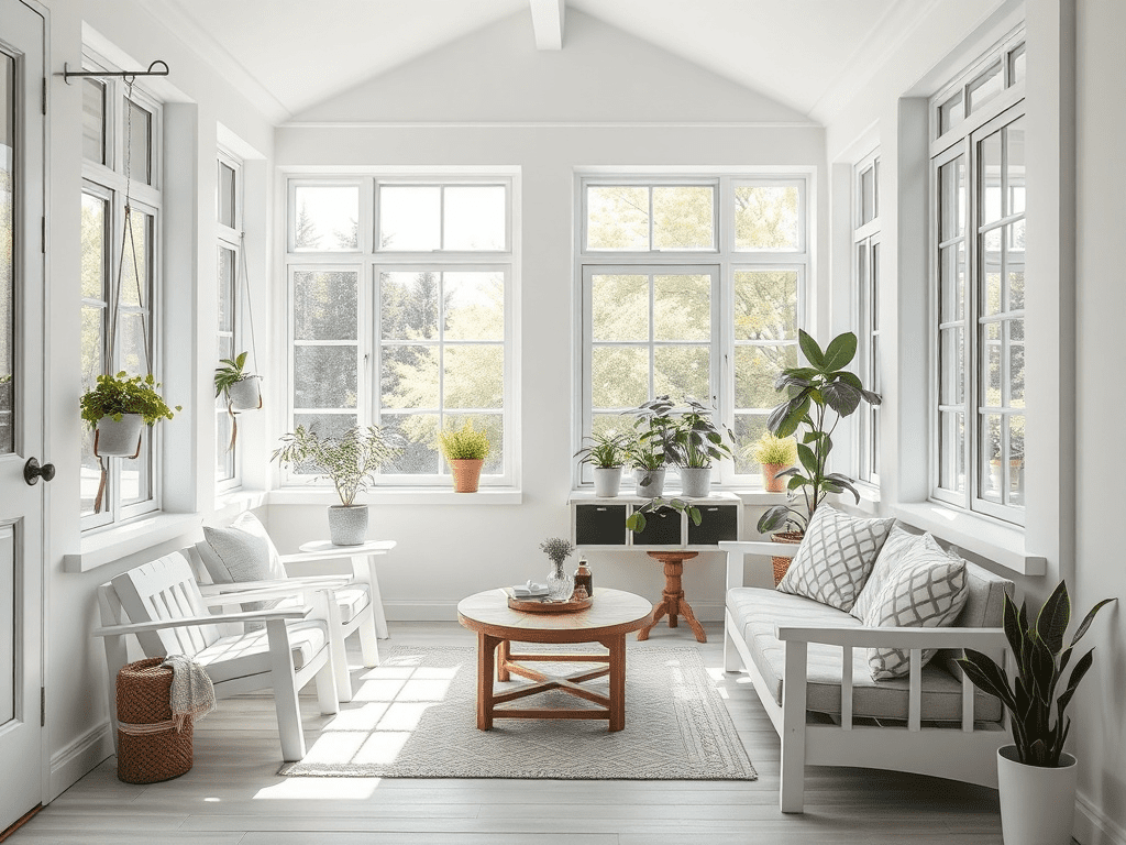 Budget-friendly minimalist sunroom with repurposed furniture and DIY decor