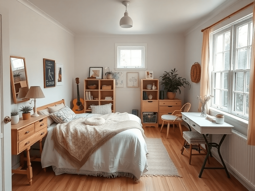 Budget-friendly vacation rental bedroom with DIY decor