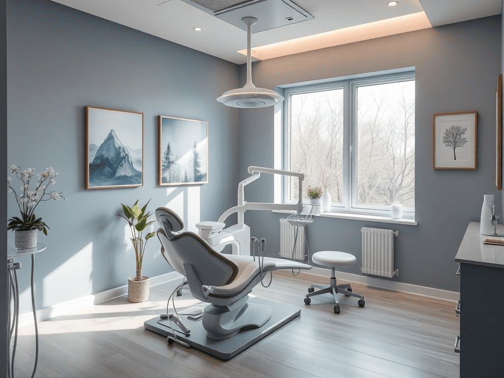 Calming dental treatment room with Scandinavian design and soft color palette