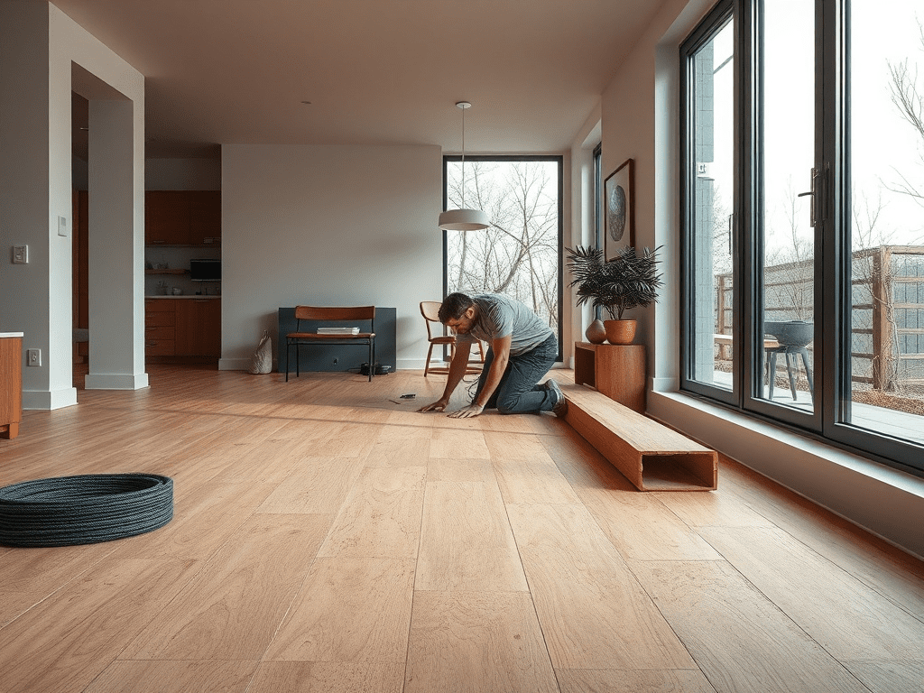 Cork flooring installation in progress