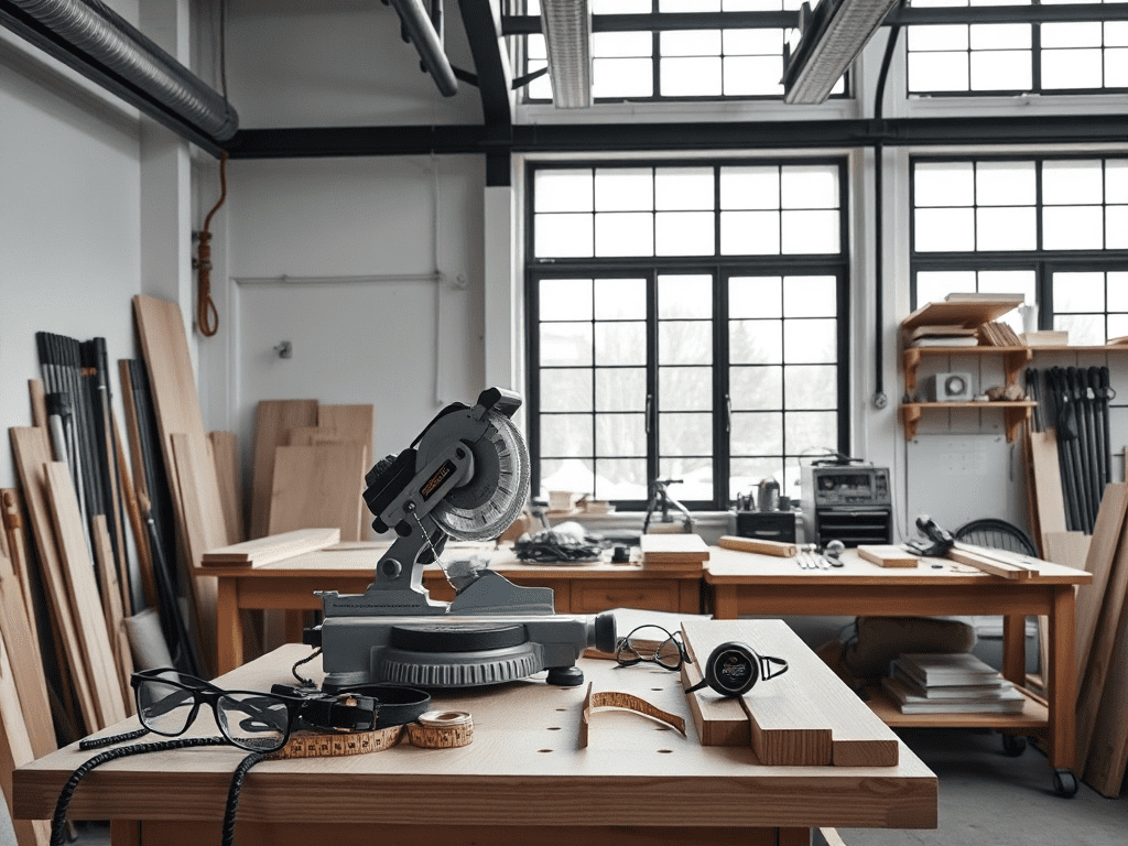 DIY workspace with woodworking tools for herringbone floor installation