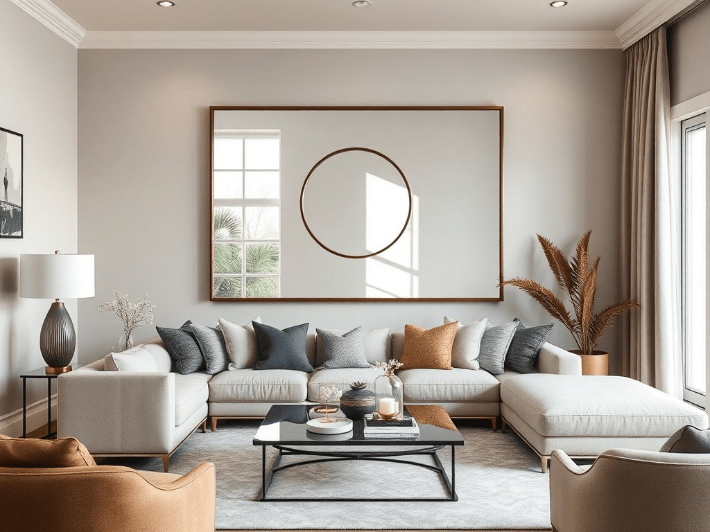 Living room with a large mirror reflecting natural light