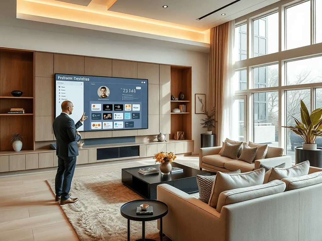 Luxurious living room with designer presenting project updates on a client portal