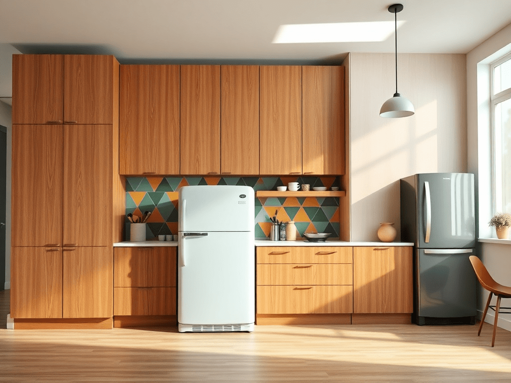 Mid-century modern kitchen with wood cabinets and colorful backsplash