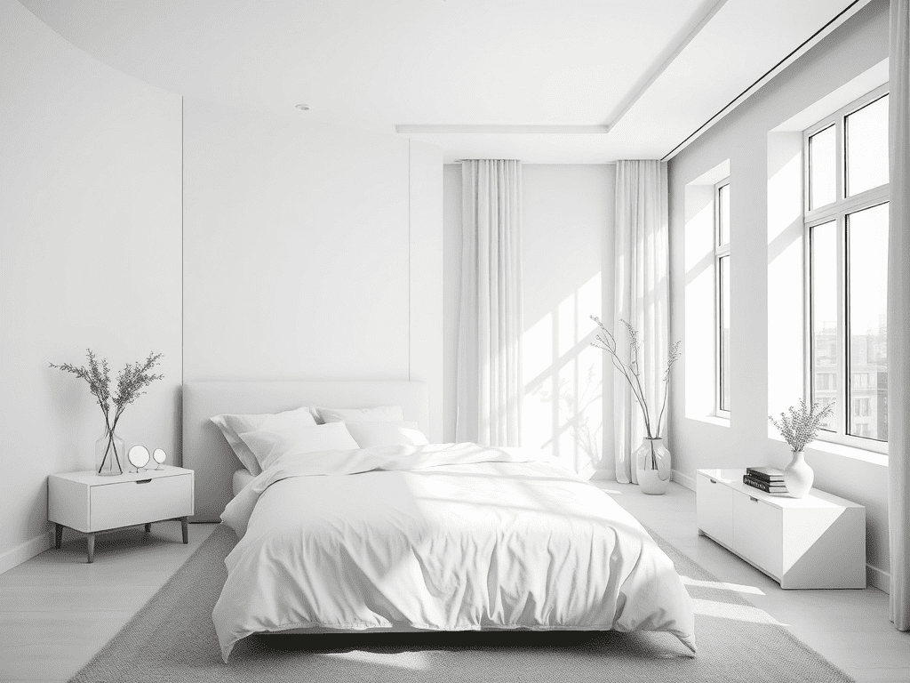 Minimalist bedroom with white and gray color scheme