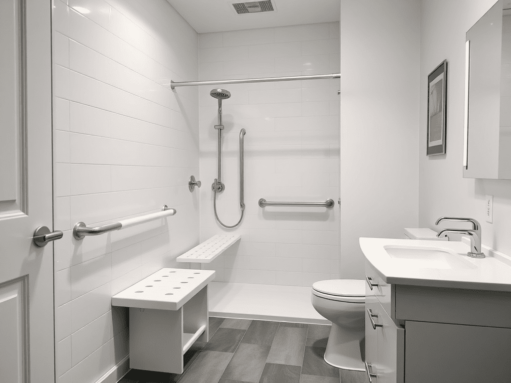 Modern accessible bathroom with roll-in shower and grab bars