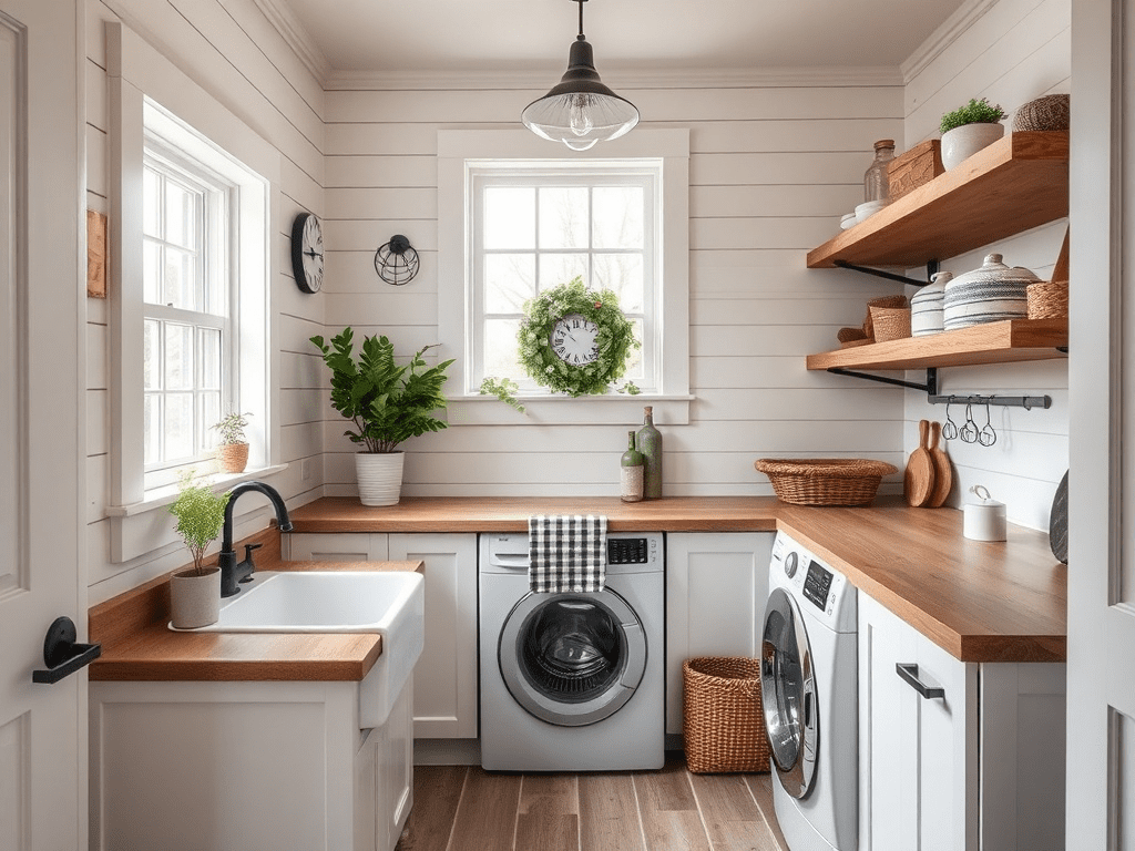 Modern farmhouse laundry room with shiplap walls and farmhouse sink