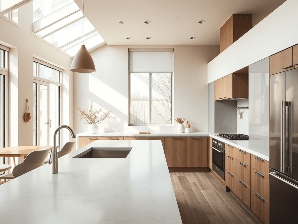 Modern kitchen with concrete countertops and Scandinavian design