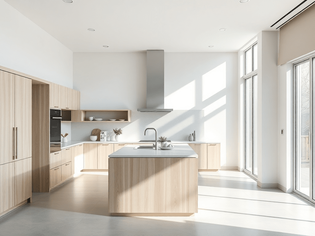 Modern kitchen with minimalist white cabinetry and low-VOC white paint
