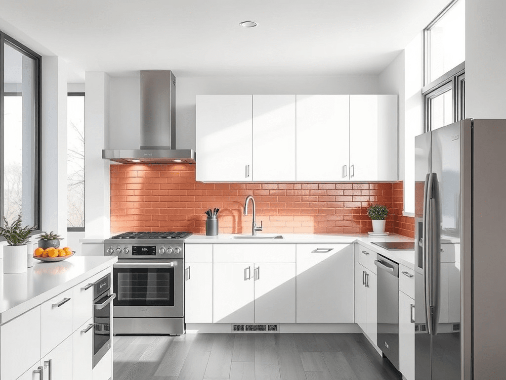 Modern kitchen with stainless steel appliances and copper backsplash
