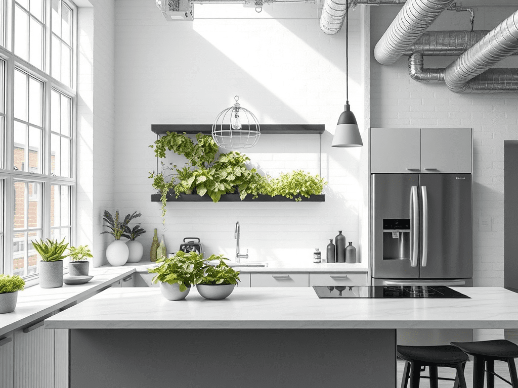 Modern kitchen with vertical herb garden above countertop