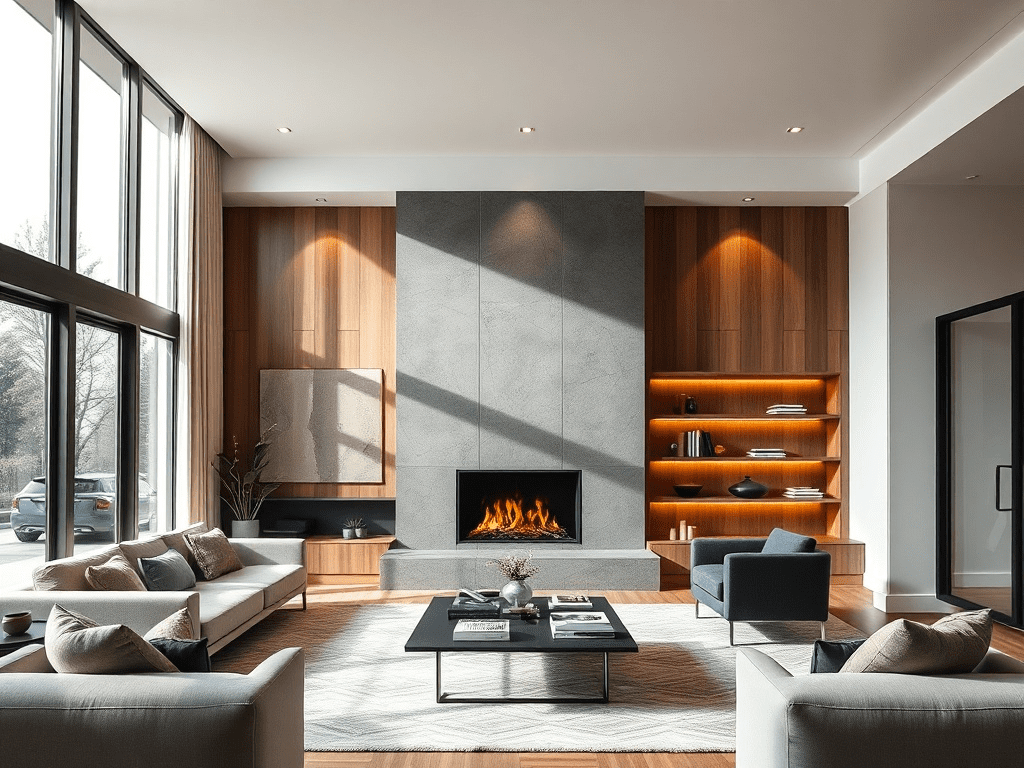 Modern living room with geometric fireplace and built-in shelving