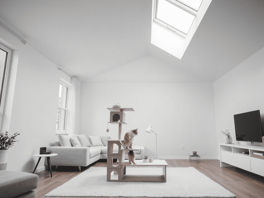Modern living room with integrated cat tree