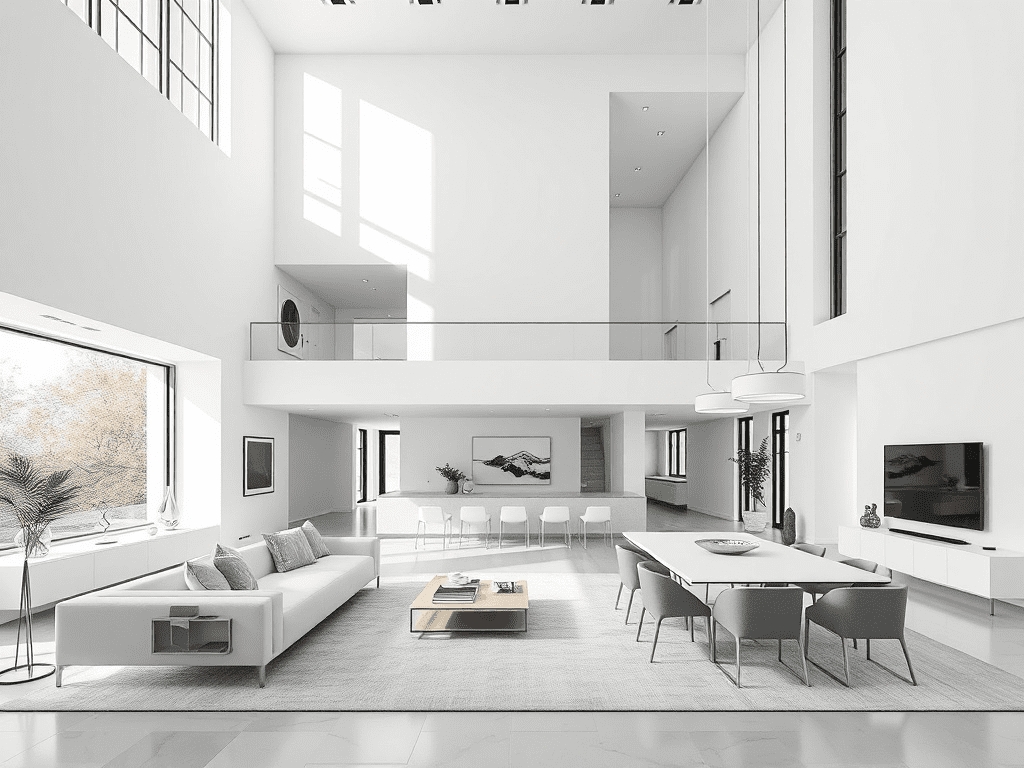 Open-concept living and dining area with minimalist white and gray design