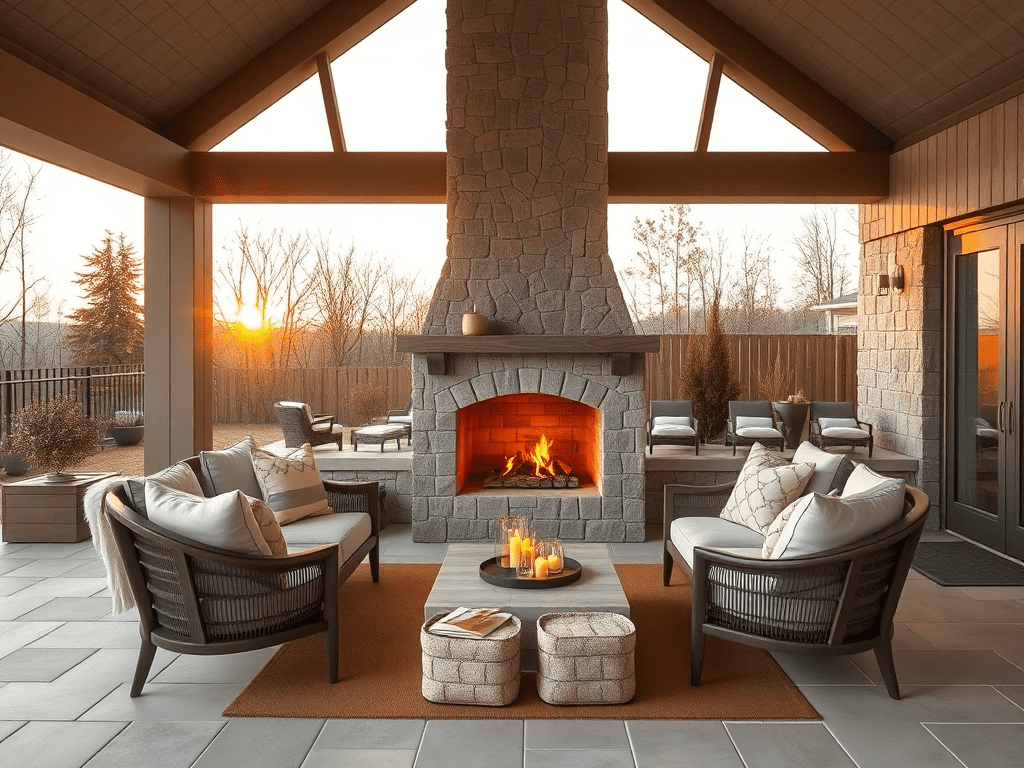 Outdoor fireplace with comfortable seating in a Scandinavian style