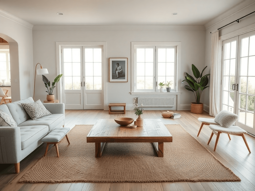 Scandinavian-style coastal living room with reclaimed wood and jute