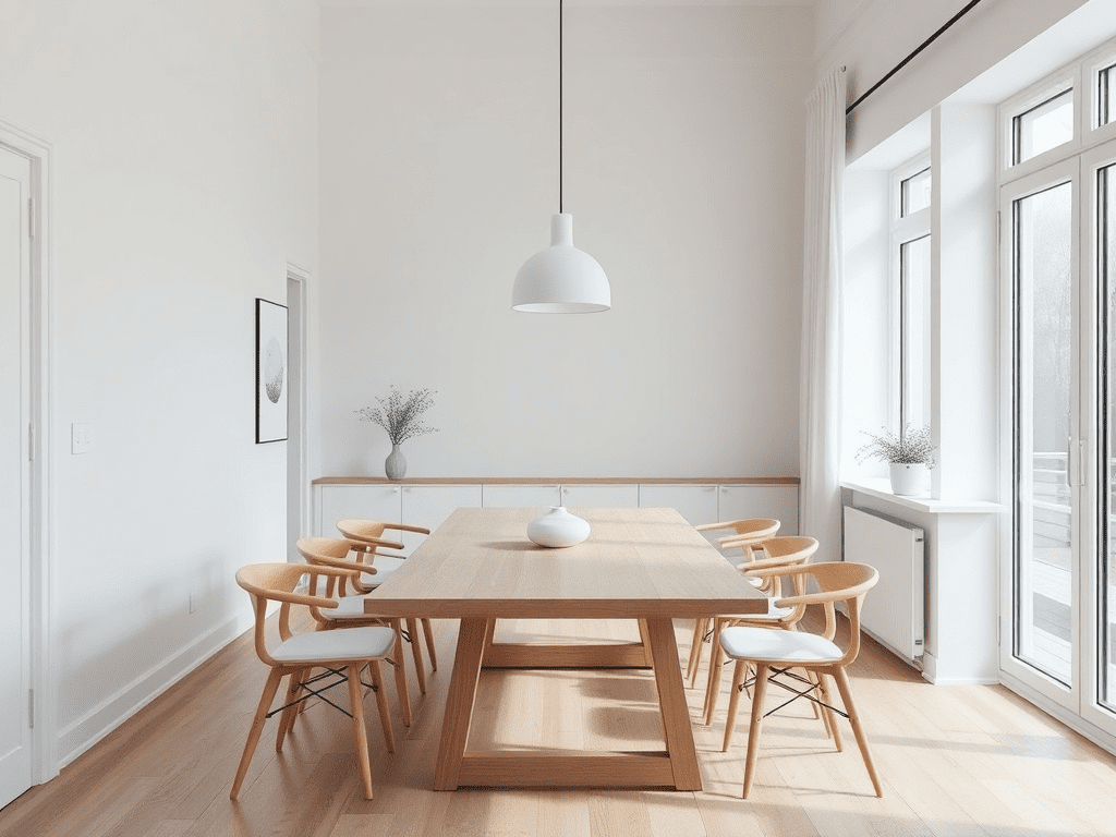Scandinavian dining area with minimalist furniture and pendant lighting