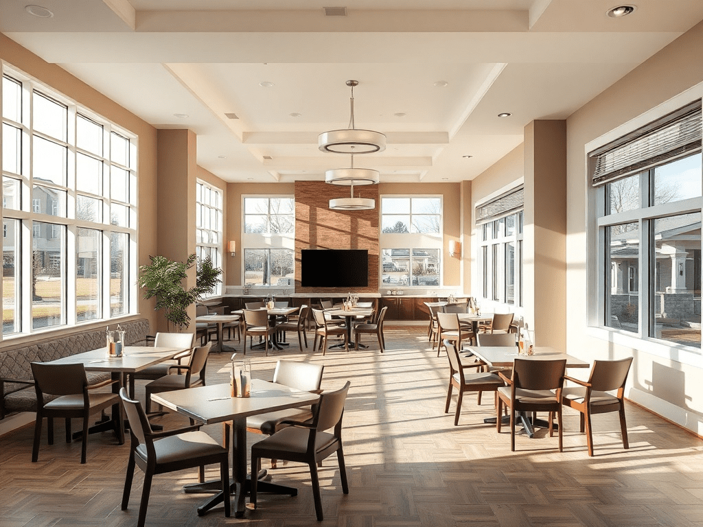 Senior living dining room with accessible tables and comfortable seating