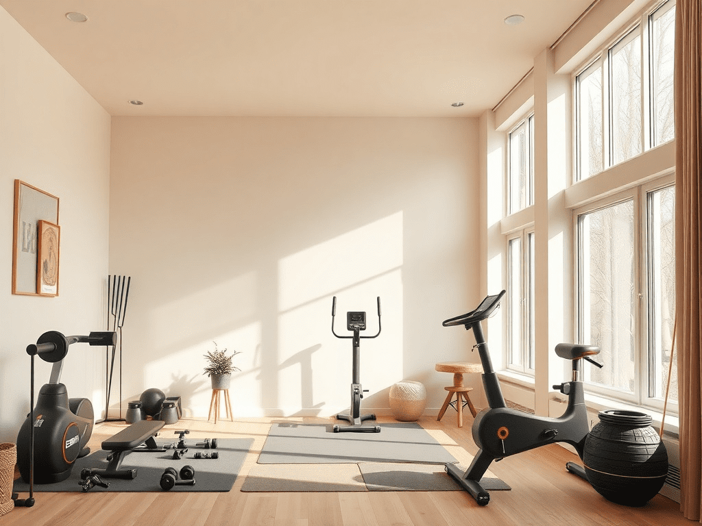 Simple home gym with yoga mat, resistance bands, and dumbbells