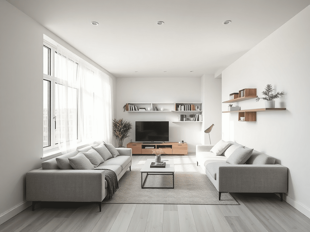 Small apartment living room with minimalist design and multi-functional furniture