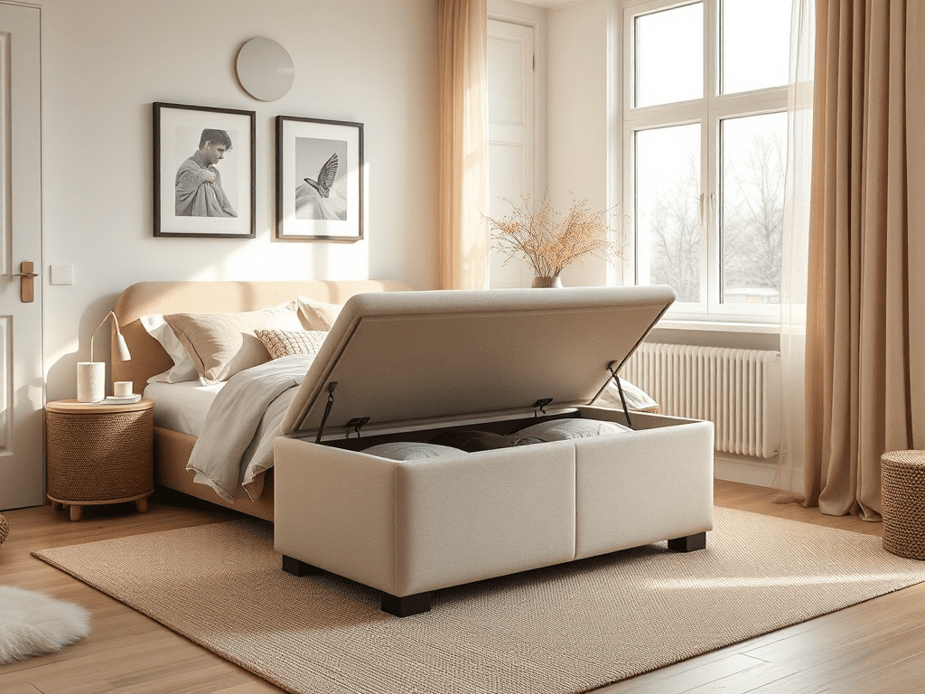 Storage ottoman in a Scandinavian-style bedroom