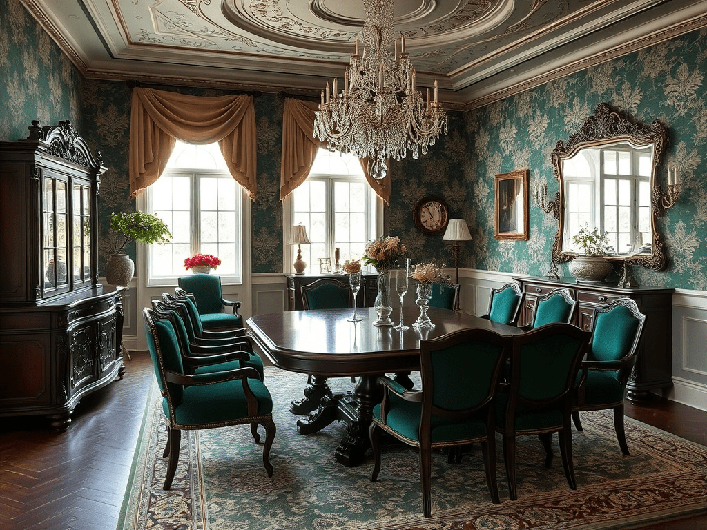 Victorian dining room with dark wood furniture and crystal chandelier