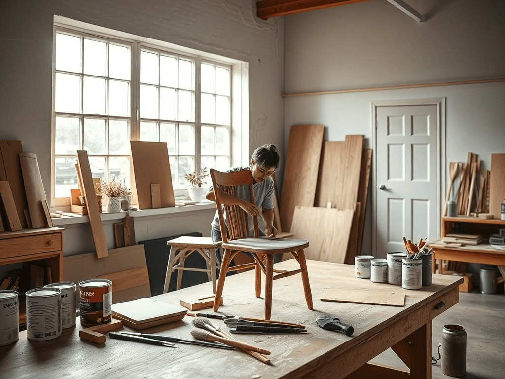 Workshop scene with person sanding a chair for upcycling