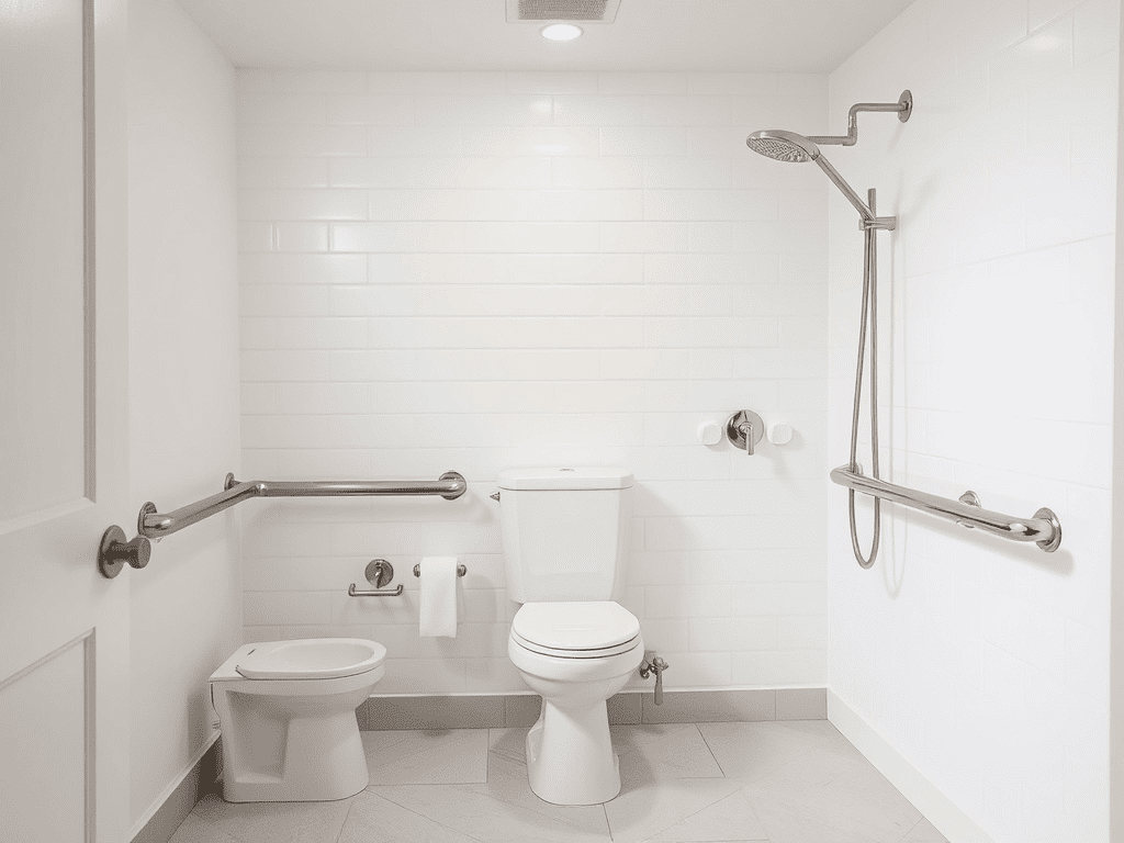 Accessible bathroom with grab bars and roll-in shower