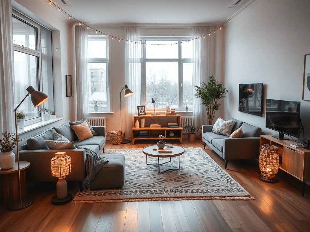 Apartment living room with Scandinavian interior and renter-friendly lighting