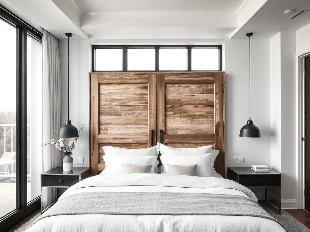 Bedroom with headboard made from reclaimed wooden door