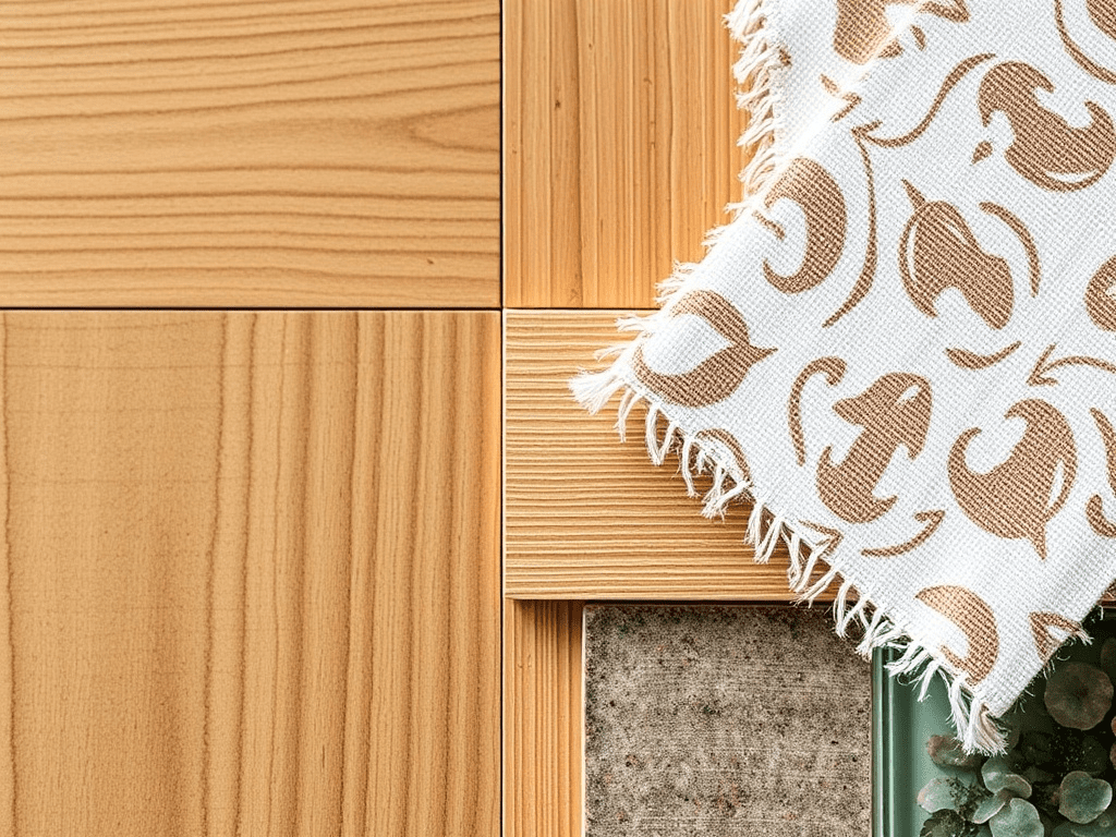 Close-up of sustainable interior design materials: reclaimed wood, bamboo, organic cotton, recycled glass
