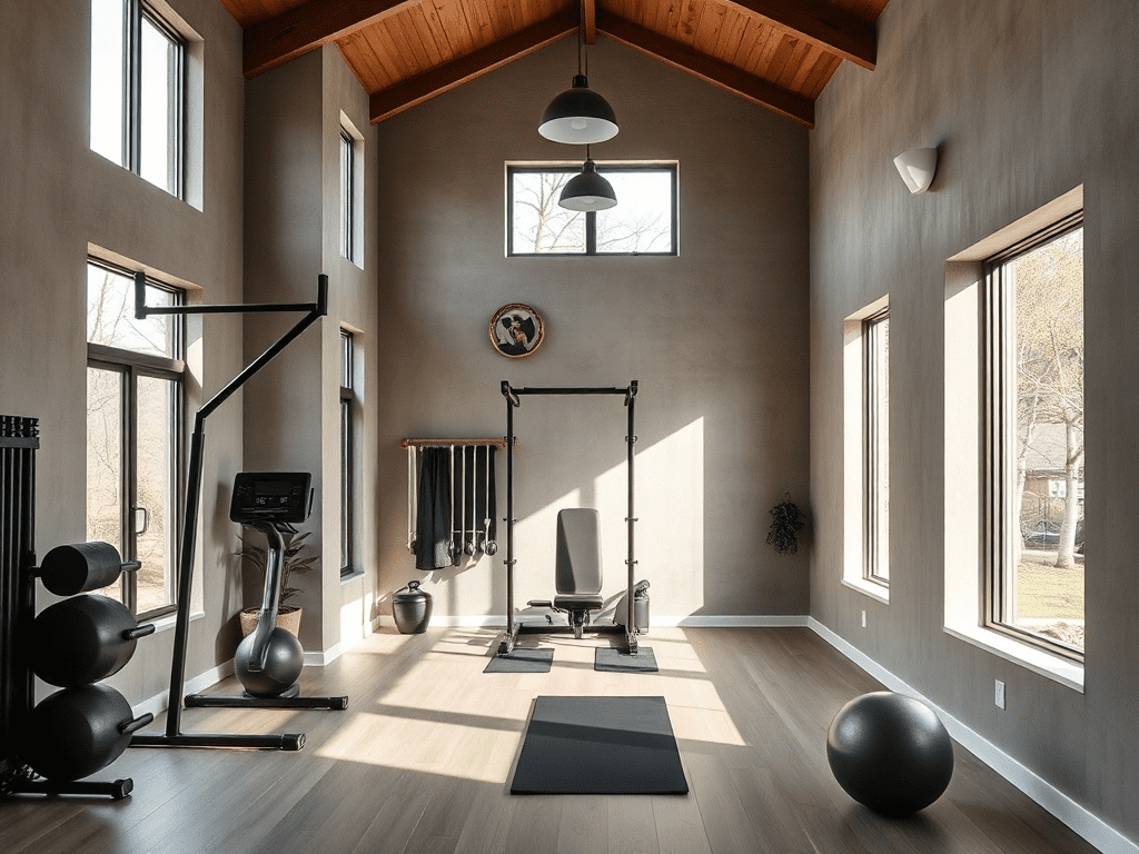 Compact home gym with wall-mounted storage and mirrors