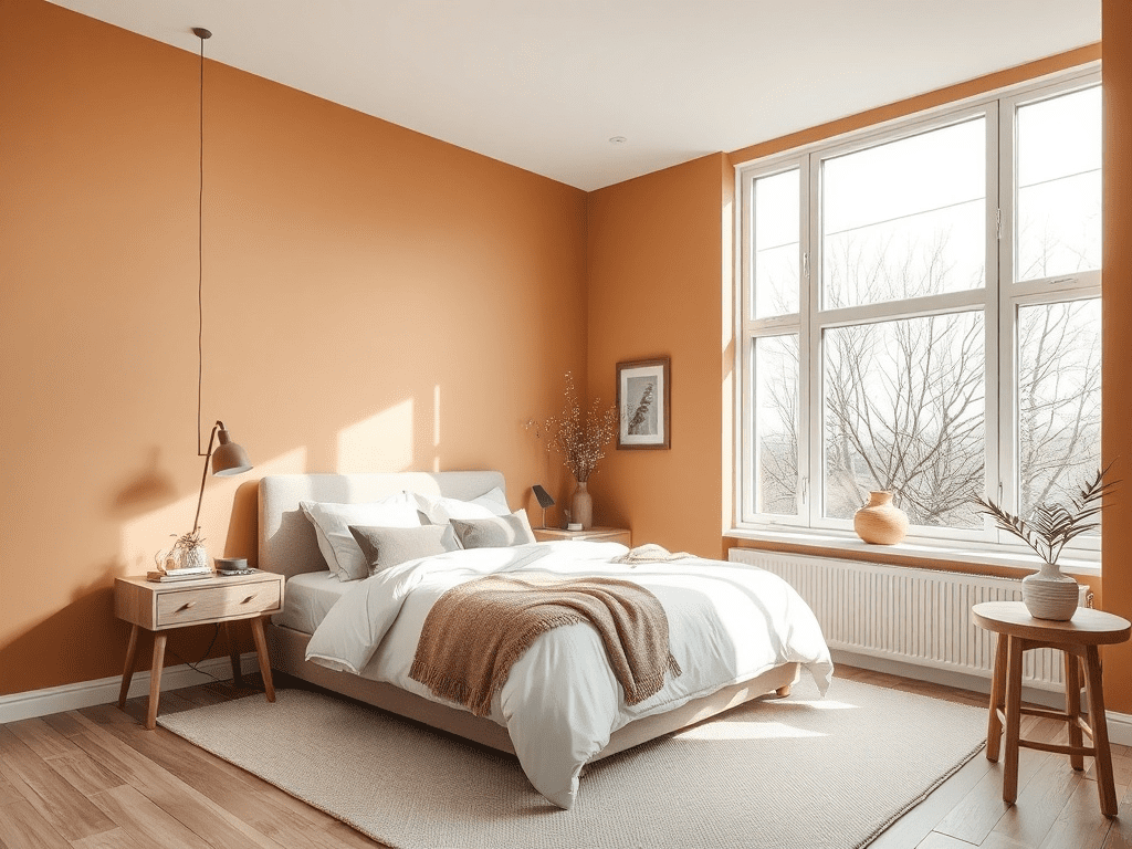 Cozy bedroom with warm earth-toned walls and Scandinavian design