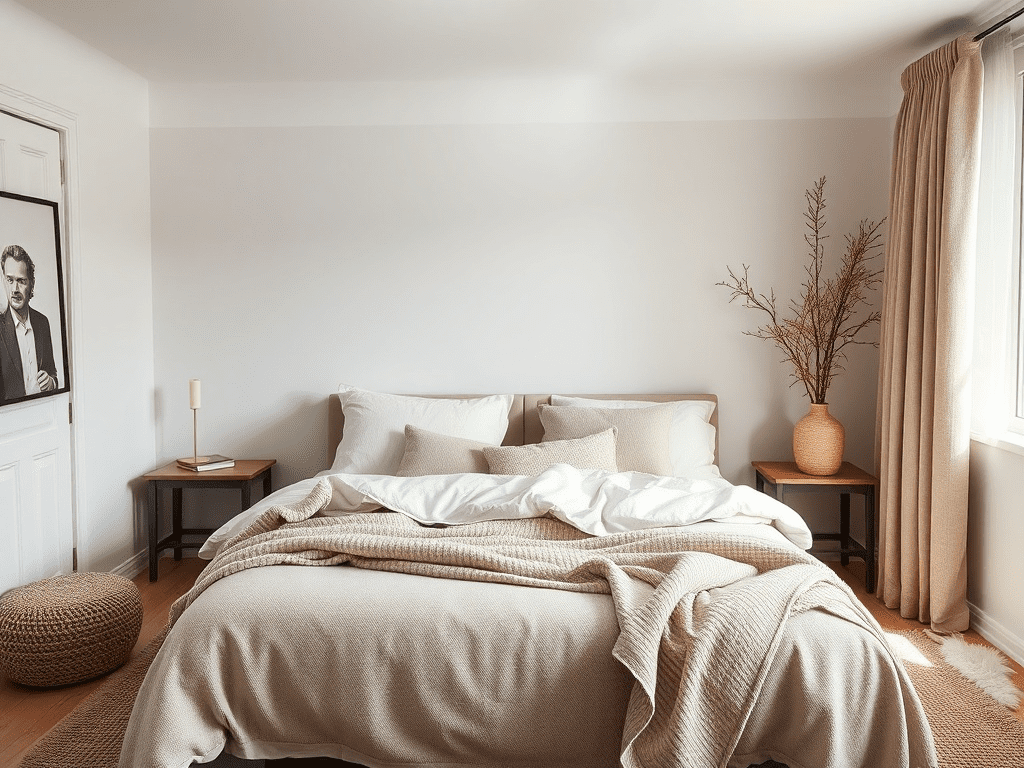 Cozy Scandinavian bedroom with soft textiles and warm lighting