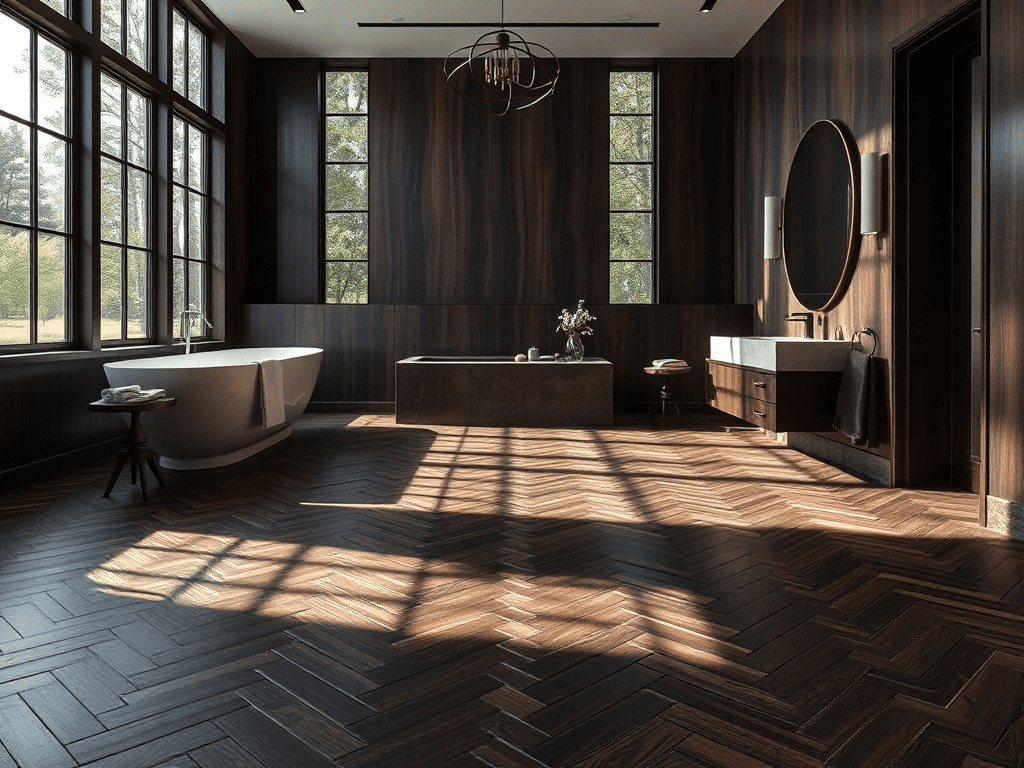 Dark herringbone floor in a luxurious modern bathroom