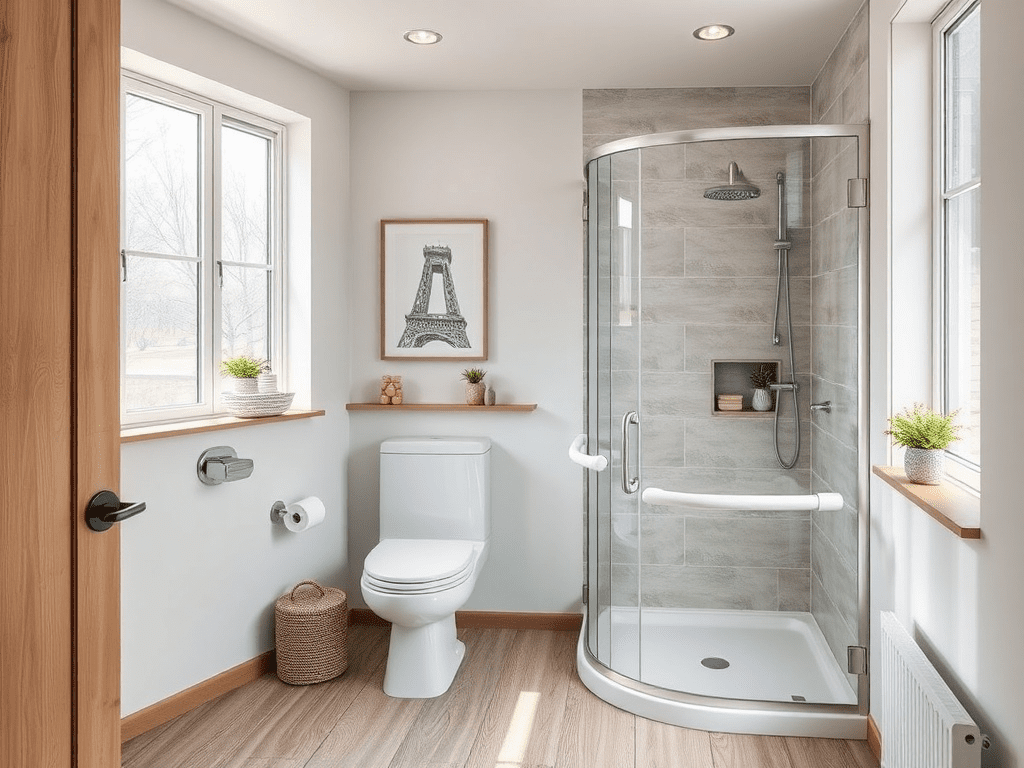 Grab bars strategically placed in a Scandinavian-style bathroom