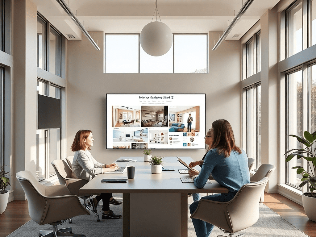 Interior design team collaborating on a project using cloud-based software